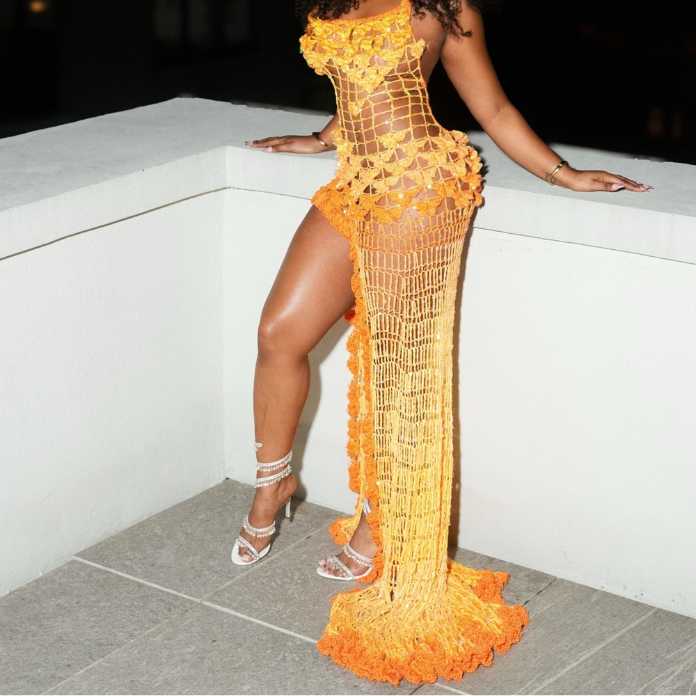 Elegant Orange Backless Crochet Dress